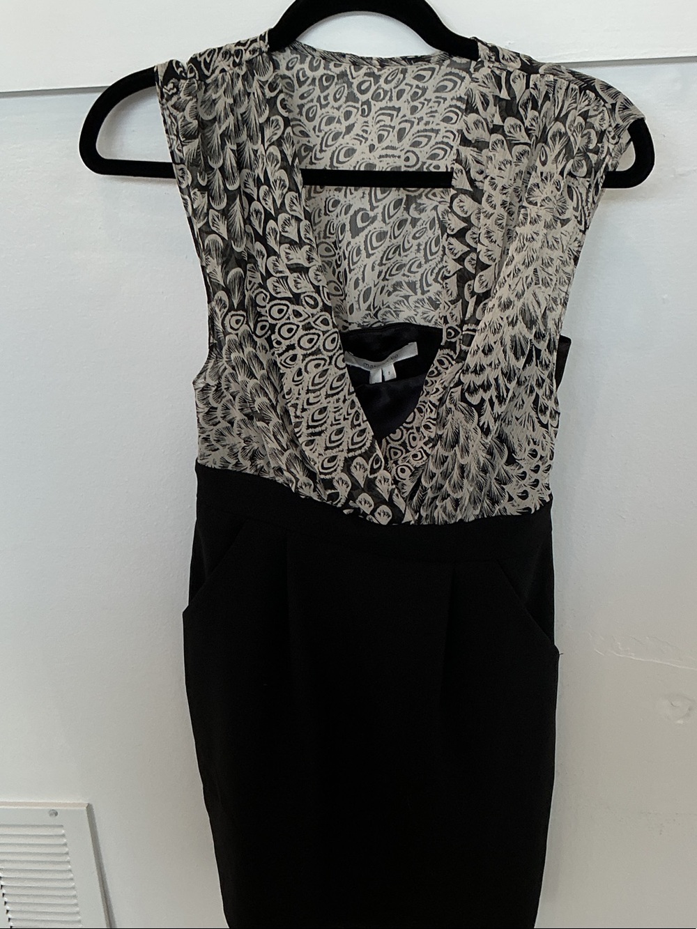 Max & Cleo Black Midi Dress with Cream Feather-Print Bodice